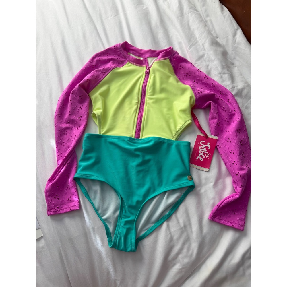 Justice Girls Rash Guard Swimsuit Colorblock Eyelet Sleeve UPF 50+ Size M 10 NEW